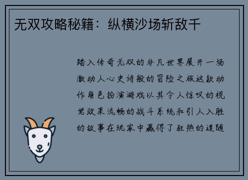 无双攻略秘籍：纵横沙场斩敌千